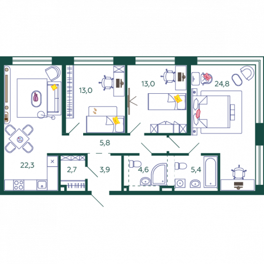 Трёхкомнатная квартира 95.5 м²