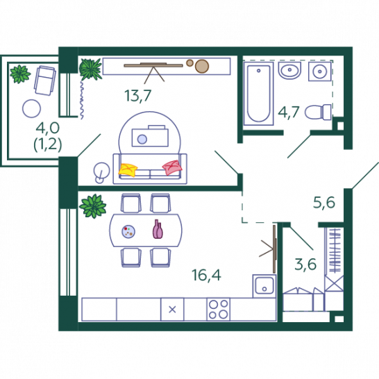 Однокомнатная квартира 45.2 м²