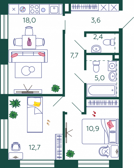 Двухкомнатная квартира 60.3 м²