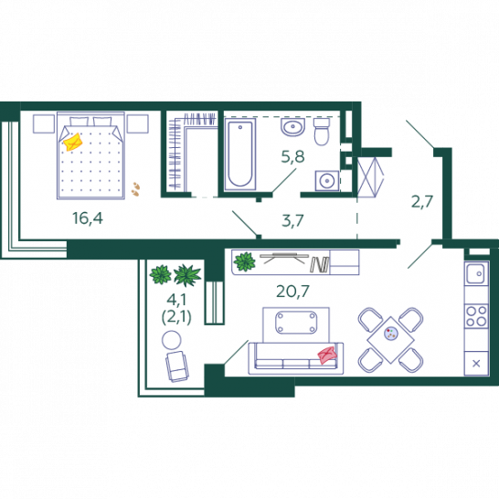 Однокомнатная квартира 51.4 м²