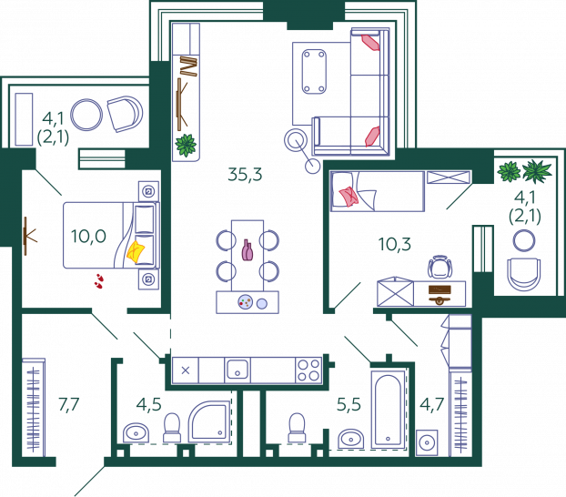 Двухкомнатная квартира 82.2 м²