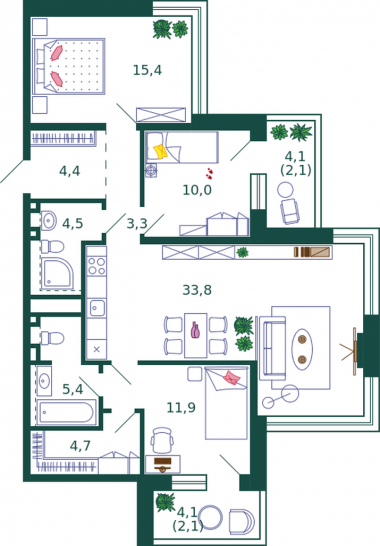 Трёхкомнатная квартира 97.6 м²