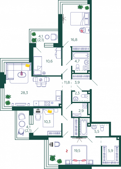 Четырёхкомнатная квартира 126.7 м²
