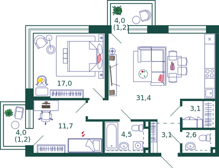 Двухкомнатная квартира 75.8 м²