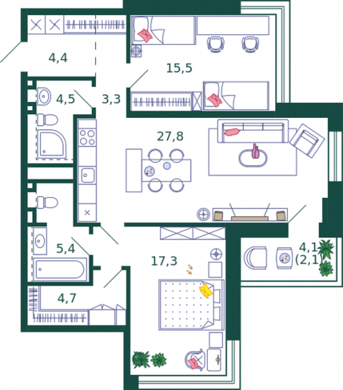 Двухкомнатная квартира 85 м²