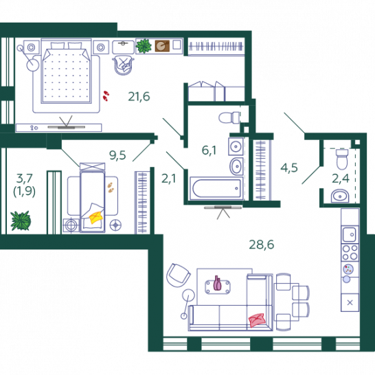 Двухкомнатная квартира 76.7 м²
