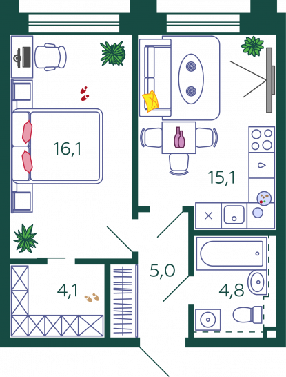Однокомнатная квартира 45.1 м²