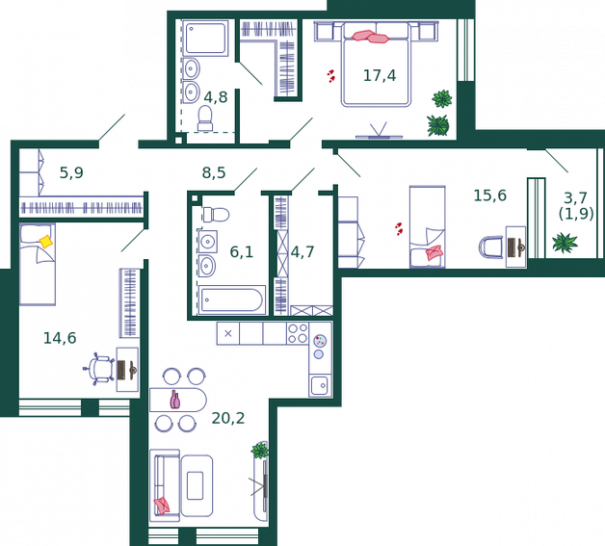 Трёхкомнатная квартира 99.7 м²