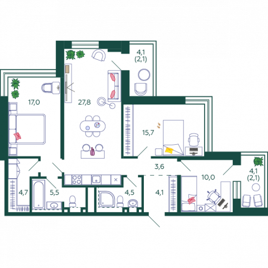 Трёхкомнатная квартира 97.1 м²