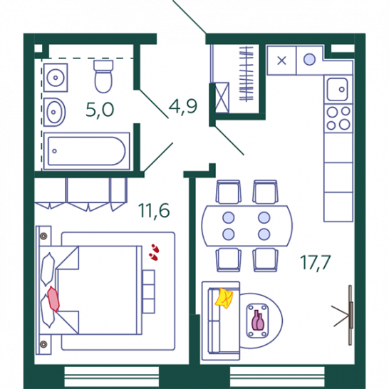 Однокомнатная квартира 39.2 м²