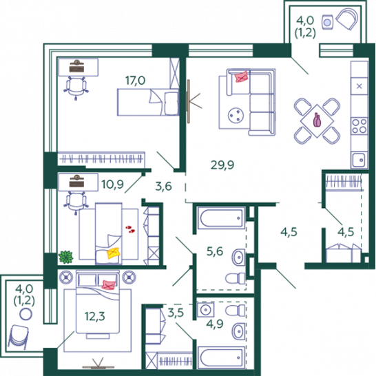 Трёхкомнатная квартира 99.1 м²