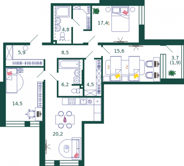 Трёхкомнатная квартира 99.5 м²