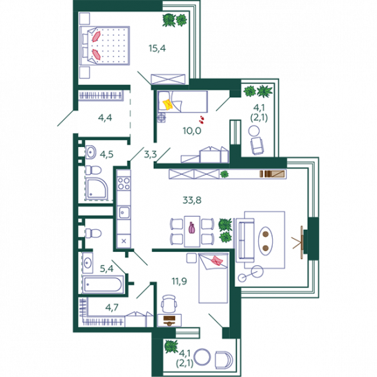 Трёхкомнатная квартира 97.6 м²