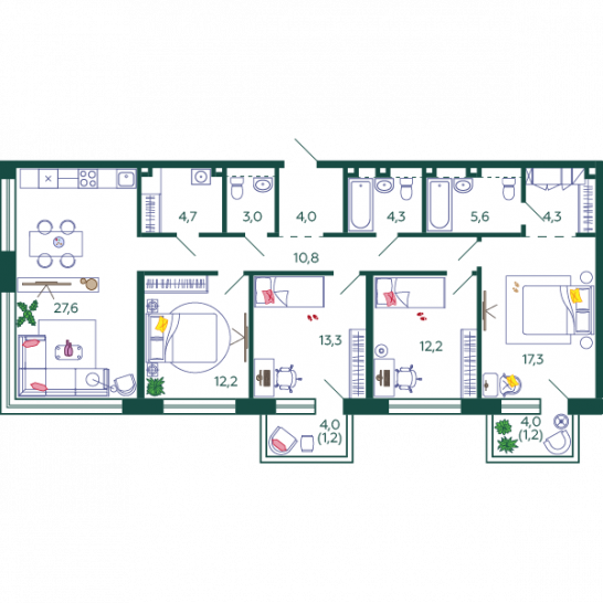 Четырёхкомнатная квартира 121.7 м²