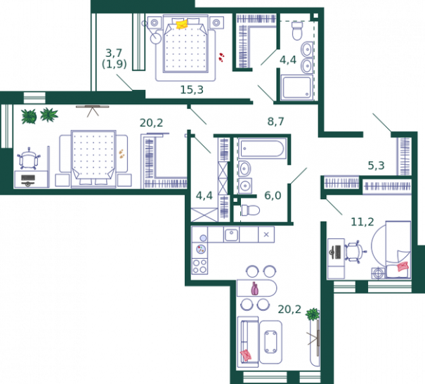 Трёхкомнатная квартира 98.9 м²
