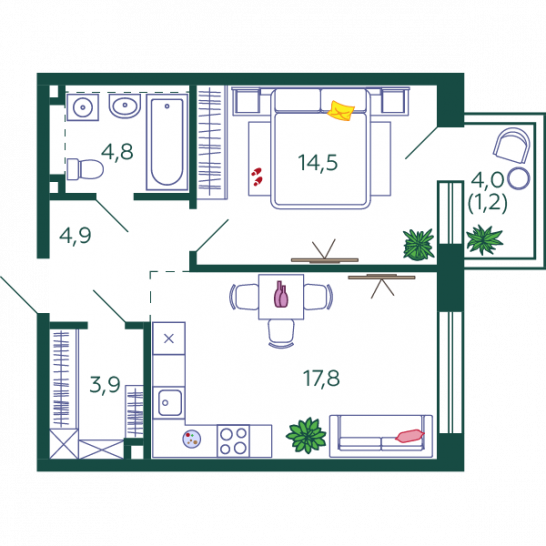 Однокомнатная квартира 47.1 м²